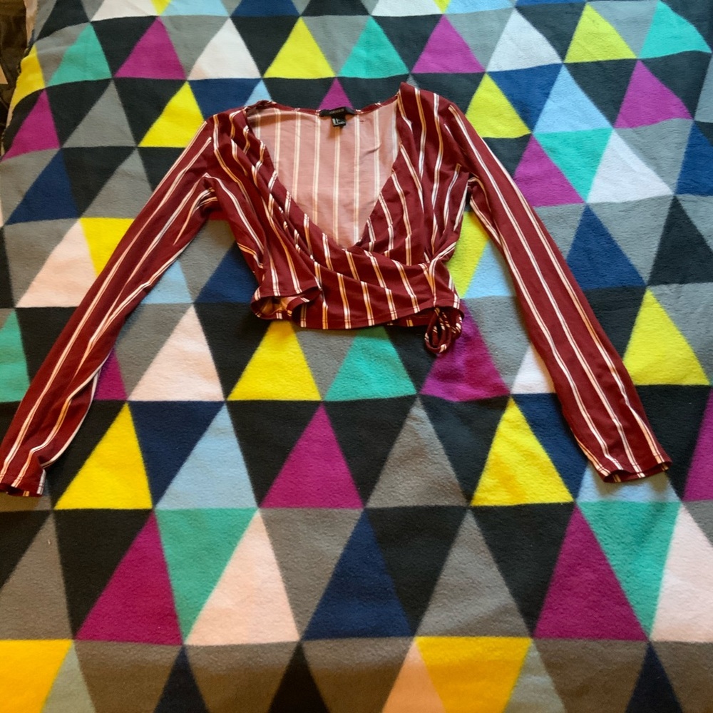 Maroon-ish Striped Crossover Crop Top Long Sleeve